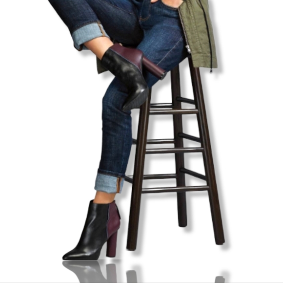 CAbi Leather Colorblock Black & Wine Heeled Platform Booties, 7 - Picture 2 of 7